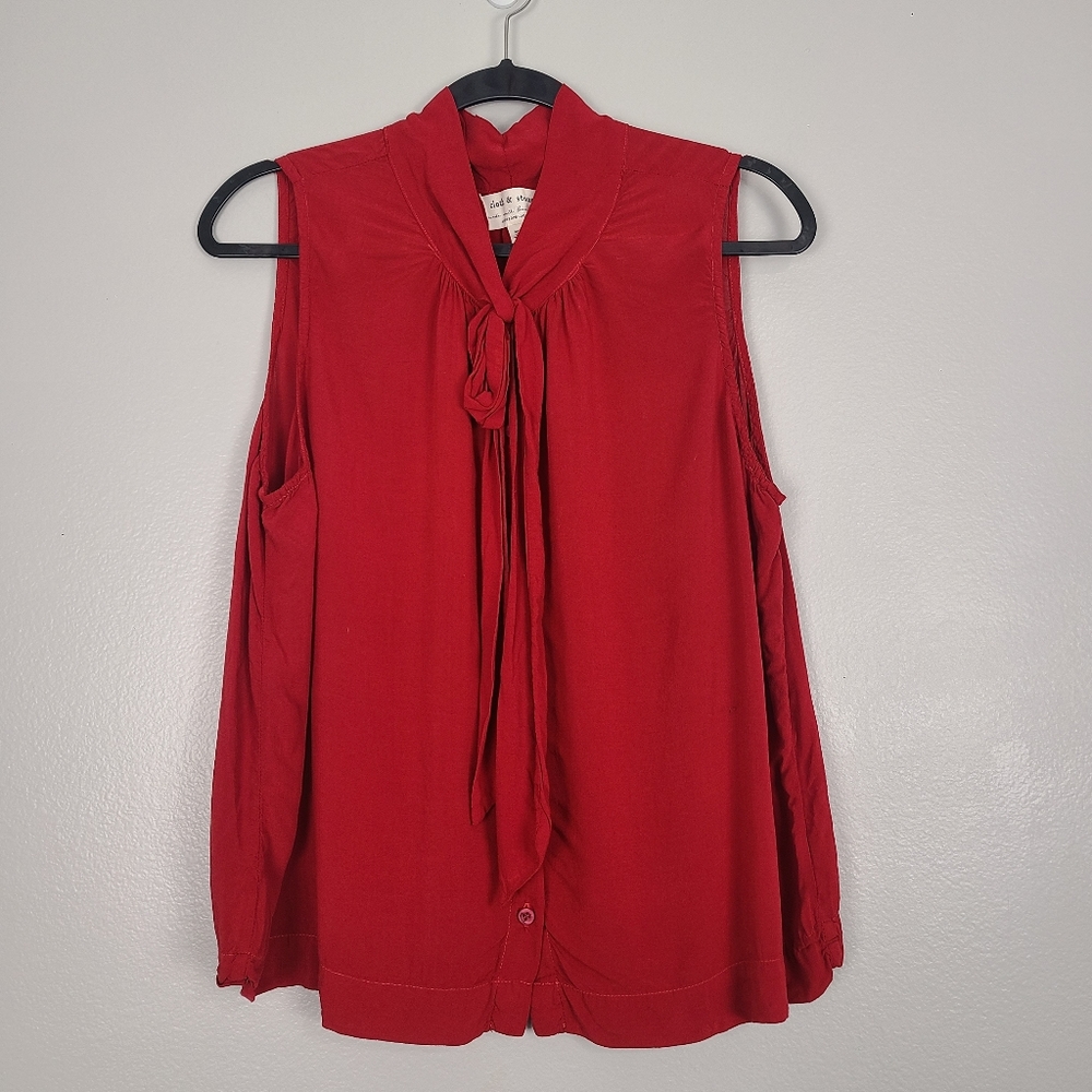 Anthropologie Cloth & Stone Bright Red Neck Tie Sleeveless Button-up Blouse XL